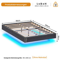 DE.SIKAIC Betten Metall Schwebebett Bettgestell mit LED Beleuchtung und Lattenrost Grau