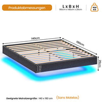 DE.SIKAIC Betten Metall Schwebebett Bettgestell mit LED Beleuchtung und Lattenrost Grau