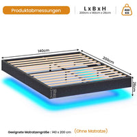 DE.SIKAIC Betten Metall Schwebebett Bettgestell mit LED Beleuchtung und Lattenrost Grau