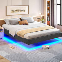 DE.SIKAIC Betten Metall Schwebebett Bettgestell mit LED Beleuchtung und Lattenrost Grau