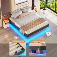 DE.SIKAIC Betten Metall Schwebebett Bettgestell mit LED Beleuchtung und Lattenrost Grau