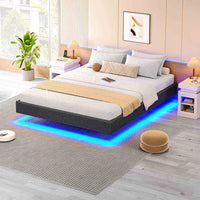 DE.SIKAIC Betten Metall Schwebebett Bettgestell mit LED Beleuchtung und Lattenrost Grau