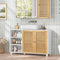 DE.SIKAIC Lagerschrank Weiß / Bambus / Modern 30 x 90 x 60 cm Waschbeckenunterschrank, Badschrank Unterschrank mit 2 Bambustüren, 3 offene Fächer, höhenverstellbare Ablagen