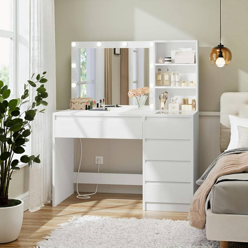 DE.SIKAIC Schminktische Weiß / Holz / Modern Schminktisch mit Beleuchtung, Einstellbare Helligkeit, 5 Schubladen, Weiß
