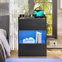 LED Nachttisch mit Ladestation, 2 Schubladen und 1 Fach Beistelltisch, für Schlafzimmer, Wohnzimmer 40x35x60cm