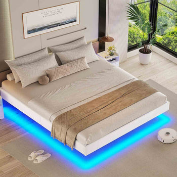 DE.SIKAIC Betten Beige / 140x200cm / Metall Modern Schwebebett Bettgestell 140x200 cm mit LED Beleuchtung Grauem Leinen Polsterbett Beige