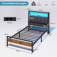 DE.SIKAIC Betten Bett mit Lattenrost aus Metall, Bettgestell mit LED Beleuchtung, Kopfteil & Ladestation, Braun+Grau