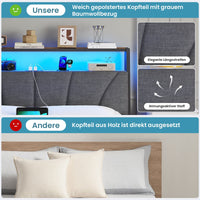 DE.SIKAIC Betten Bett mit Lattenrost aus Metall, Bettgestell mit LED Beleuchtung, Kopfteil & Ladestation, Braun+Grau