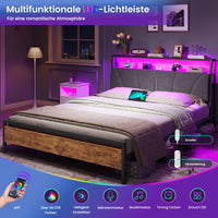 DE.SIKAIC Betten Bett mit Lattenrost aus Metall, Bettgestell mit LED Beleuchtung, Kopfteil & Ladestation, Braun+Grau