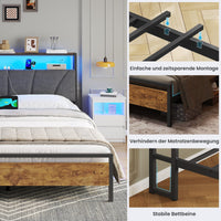 DE.SIKAIC Betten Bett mit Lattenrost aus Metall, Bettgestell mit LED Beleuchtung, Kopfteil & Ladestation, Braun+Grau