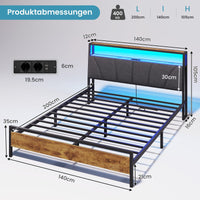 DE.SIKAIC Betten Bett mit Lattenrost aus Metall, Bettgestell mit LED Beleuchtung, Kopfteil & Ladestation, Braun+Grau