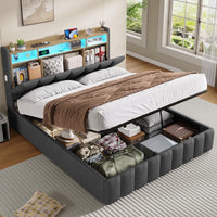 DE.SIKAIC Betten Bett mit LED Beleuchtung, Polsterbett, Regalkopfteil mit Stauraum, Bettgestell mit Lattenrost, bequem, Grau