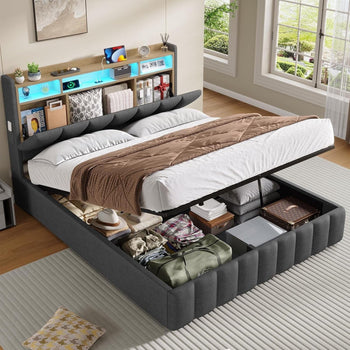 DE.SIKAIC Betten Bett mit LED Beleuchtung, Polsterbett, Regalkopfteil mit Stauraum, Bettgestell mit Lattenrost, bequem, Grau