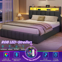 DE.SIKAIC Betten Bett mit LED Beleuchtung, Polsterbett, Regalkopfteil mit Stauraum, Bettgestell mit Lattenrost, bequem, Grau