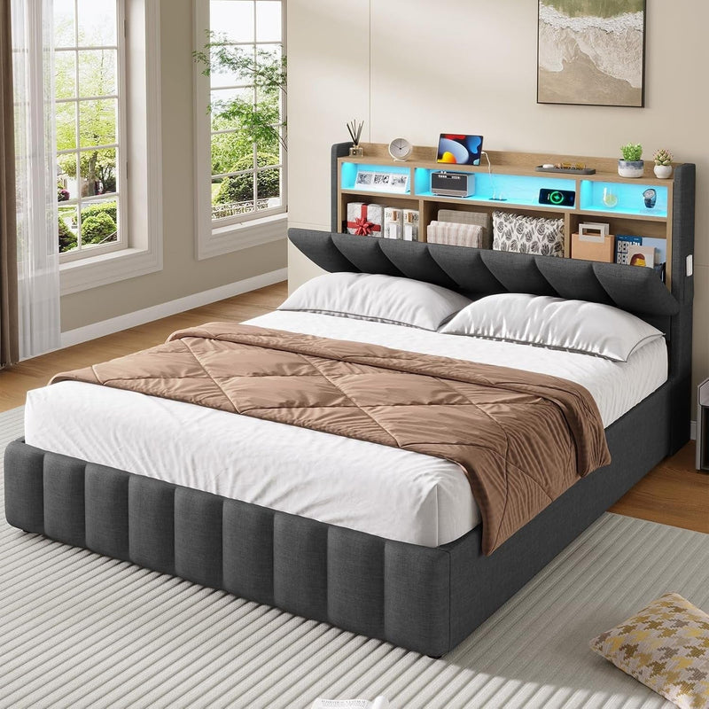 DE.SIKAIC Betten Bett mit LED Beleuchtung, Polsterbett, Regalkopfteil mit Stauraum, Bettgestell mit Lattenrost, bequem, Grau