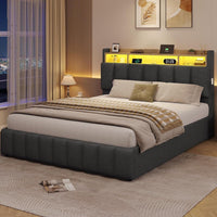 DE.SIKAIC Betten Bett mit LED Beleuchtung, Polsterbett, Regalkopfteil mit Stauraum, Bettgestell mit Lattenrost, bequem, Grau