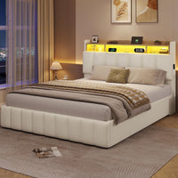 DE.SIKAIC Betten Bett mit LED Beleuchtung, Polsterbett, Regalkopfteil mit Stauraum, Bettgestell mit Lattenrost, bequem, Weiß