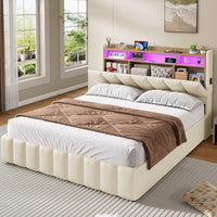 DE.SIKAIC Betten Bett mit LED Beleuchtung, Polsterbett, Regalkopfteil mit Stauraum, Bettgestell mit Lattenrost, bequem, Weiß
