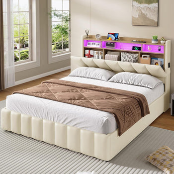 DE.SIKAIC Betten Bett mit LED Beleuchtung, Polsterbett, Regalkopfteil mit Stauraum, Bettgestell mit Lattenrost, bequem, Weiß