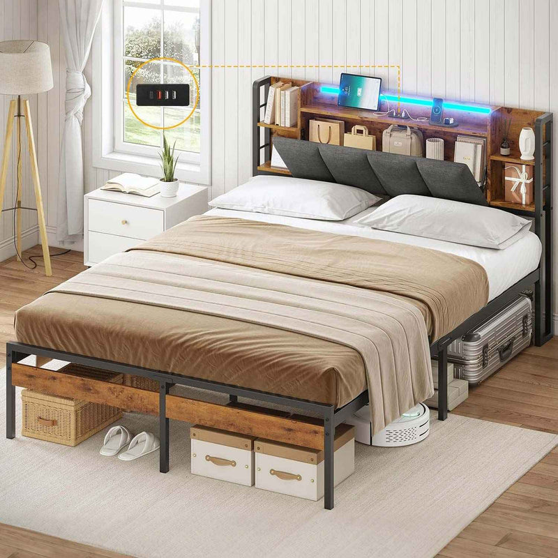 DE.SIKAIC Betten Bettgestell mit LED-Beleuchtung, USB-Ladefunktion und Stauraum-Kopfteil, Dunkelgrau
