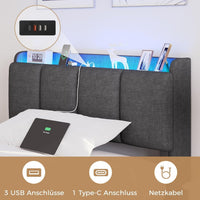 DE.SIKAIC Betten Bettrahmen 140 x 200 cm Doppelbett mit LED-Beleuchtung und Ladestation Dunkelgrau