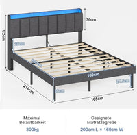 DE.SIKAIC Betten Bettrahmen 140 x 200 cm Doppelbett mit LED-Beleuchtung und Ladestation Dunkelgrau