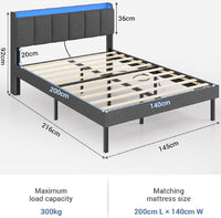 DE.SIKAIC Betten Bettrahmen 140 x 200 cm Doppelbett mit LED-Beleuchtung und Ladestation Dunkelgrau