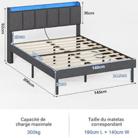 DE.SIKAIC Betten Bettrahmen 140 x 200 cm Doppelbett mit LED-Beleuchtung und Ladestation Dunkelgrau