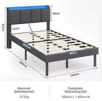 DE.SIKAIC Betten Bettrahmen 140 x 200 cm Doppelbett mit LED-Beleuchtung und Ladestation Dunkelgrau