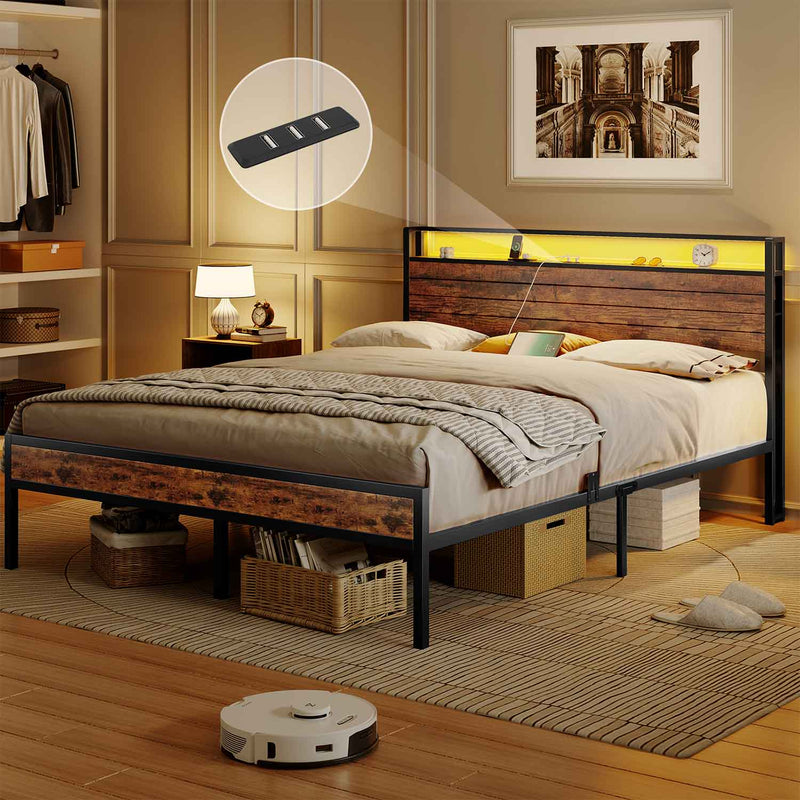 DE.SIKAIC Betten Bettrahmen Metallbett 140/160 cm mit 3 USB-Anschlüssen und LED Beleuchtung Vintage Braun/Schwarz