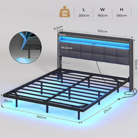 DE.SIKAIC Betten Doppelbettgestell Metallbett mit LED-Beleuchtung, Ladestation und Kopfteil, Bett Schwebebettrahmen Dunkelgrau