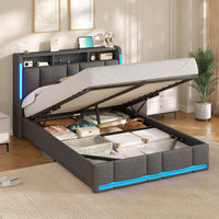 DE.SIKAIC Betten Dunkelgrau / 140×190cm / Holzwerkstoff & Metall Polsterbett (140 x 190 cm) mit Steckdosen und LED-Beleuchtung Dunkelgraues