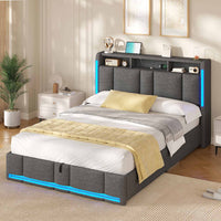 DE.SIKAIC Betten Dunkelgrau / 140×190cm / Holzwerkstoff & Metall Polsterbett (140 x 190 cm) mit Steckdosen und LED-Beleuchtung Dunkelgraues