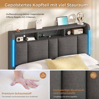 DE.SIKAIC Betten Dunkelgrau / 140×190cm / Holzwerkstoff & Metall Polsterbett (140 x 190 cm) mit Steckdosen und LED-Beleuchtung Dunkelgraues