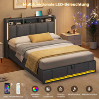 DE.SIKAIC Betten Dunkelgrau / 140×200cm / Holzwerkstoff & Metall Polsterbett (140 x 200 cm) mit Steckdosen und LED-Beleuchtung Dunkelgraues
