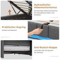 DE.SIKAIC Betten Dunkelgrau / 140×200cm / Holzwerkstoff & Metall Polsterbett (140 x 200 cm) mit Steckdosen und LED-Beleuchtung Dunkelgraues