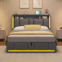 DE.SIKAIC Betten Dunkelgrau / 140×200cm / Holzwerkstoff & Metall Polsterbett (140 x 200 cm) mit Steckdosen und LED-Beleuchtung Dunkelgraues