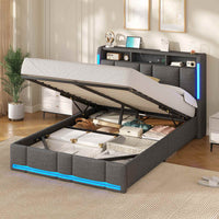 DE.SIKAIC Betten Dunkelgrau / 140×200cm / Holzwerkstoff & Metall Polsterbett (140 x 200 cm) mit Steckdosen und LED-Beleuchtung Dunkelgraues