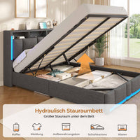 DE.SIKAIC Betten Dunkelgrau / 140×200cm / Holzwerkstoff & Metall Polsterbett (140 x 200 cm) mit Steckdosen und LED-Beleuchtung Dunkelgraues