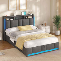 DE.SIKAIC Betten Dunkelgrau / 140×200cm / Holzwerkstoff & Metall Polsterbett (140 x 200 cm) mit Steckdosen und LED-Beleuchtung Dunkelgraues