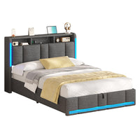 DE.SIKAIC Betten Dunkelgrau / 140×200cm / Holzwerkstoff & Metall Polsterbett (140 x 200 cm) mit Steckdosen und LED-Beleuchtung Dunkelgraues