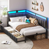 DE.SIKAIC Betten Dunkelgrau / Flachs und Metall / 90×200cm 90 x 200 cm LED-Schlafsofa mit USB-Ladeanschluss – Dunkelgrau
