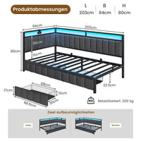 DE.SIKAIC Betten Dunkelgrau / Flachs und Metall / 90×200cm 90 x 200 cm LED-Schlafsofa mit USB-Ladeanschluss – Dunkelgrau