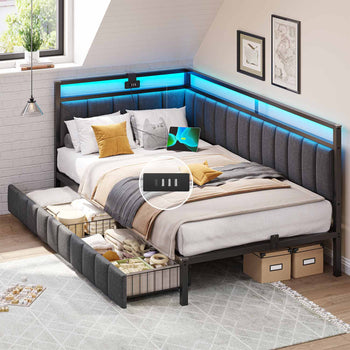 DE.SIKAIC Betten Dunkelgrau / Flachs und Metall / 90×200cm 90 x 200 cm LED-Schlafsofa mit USB-Ladeanschluss – Dunkelgrau