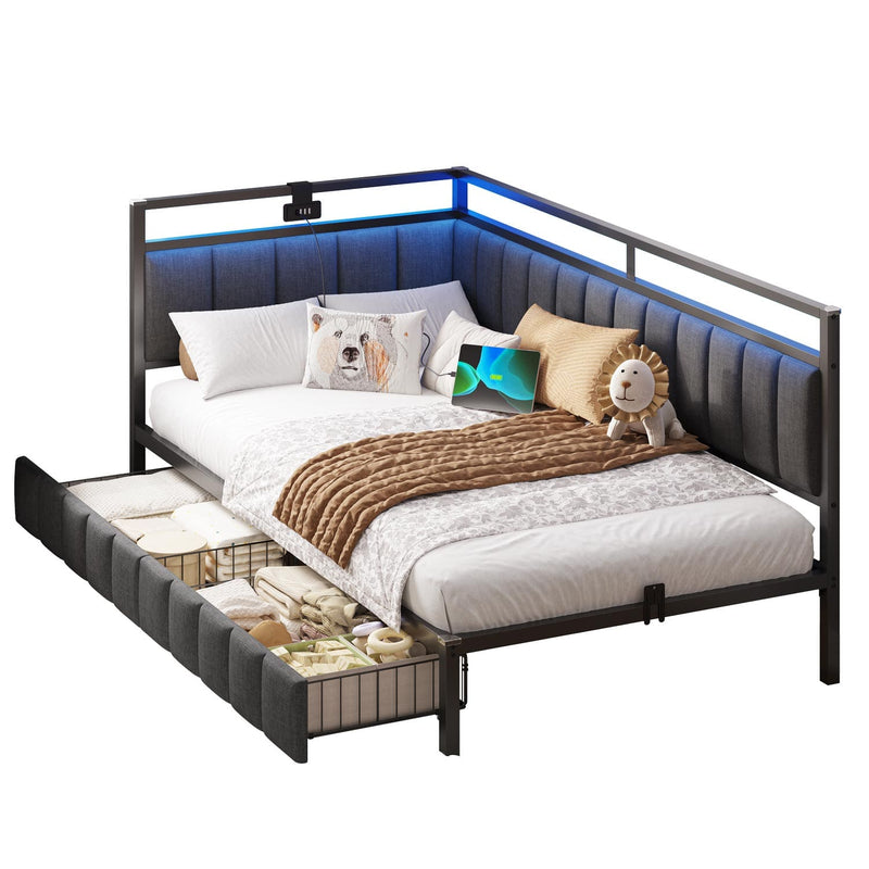 DE.SIKAIC Betten Dunkelgrau / Flachs und Metall / 90×200cm 90 x 200 cm LED-Schlafsofa mit USB-Ladeanschluss – Dunkelgrau
