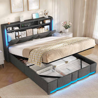DE.SIKAIC Betten Dunkelgrau / Holzwerkstoff & Metall / 140x190cm Polsterbett 140×190 mit Stauraum Kopfteil