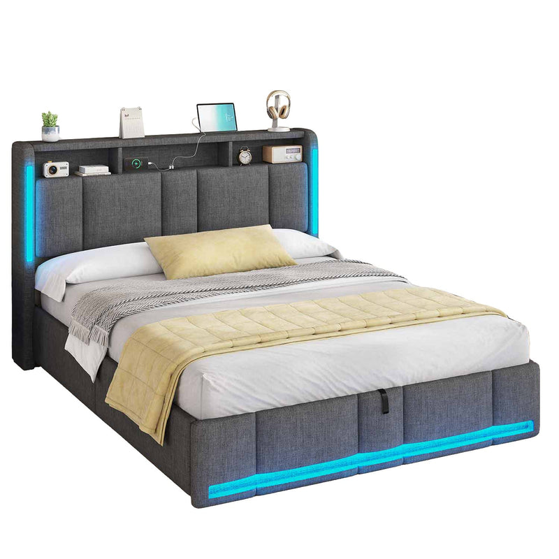 DE.SIKAIC Betten Dunkelgrau / Holzwerkstoff & Metall / 140x190cm Polsterbett 140×190 mit Stauraum Kopfteil