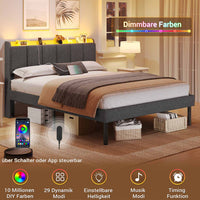 DE.SIKAIC Betten Dunkelgrau / Leinen / Minimalistisch Leinenstoff Polsterbett Bettrahmen 140 x 200 cm Doppelbett mit LED-Beleuchtung und Ladestation Dunkelgrau