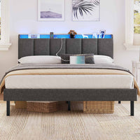 DE.SIKAIC Betten Dunkelgrau / Leinen / Minimalistisch Leinenstoff Polsterbett Bettrahmen 140 x 200 cm Doppelbett mit LED-Beleuchtung und Ladestation Dunkelgrau