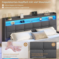 DE.SIKAIC Betten Dunkelgrau / Metall / 140 cm × 190 cm Doppelbettgestell Metallbett mit LED-Beleuchtung, Ladestation und Kopfteil, Bett Schwebebettrahmen Dunkelgrau
